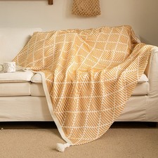 Geometric Sofa Throw Blanket with Tassel Pom Fringe Decorative Cover