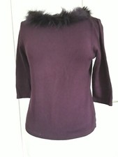 Faux Fur Feather Boa Trim Jumper Purple Plum Size 14-16 Sleeves 3/4