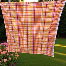 Seersucker Check Cotton Tablecloth Apricot Orange Yellow 46"X46" Square VGC