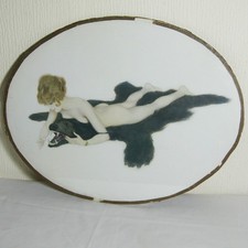 54cm Oval Glazed Raphael Kirchner Print Of a Nude Lady On a Bearskin Rug