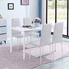 4pcs White Faux Leather Dining Chairs & White Marble MDF Top Dining Table Set