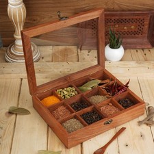Ajuny Wooden Spice Box 10x8 Inch - Decorative Masala Dabba Organizer with Glass