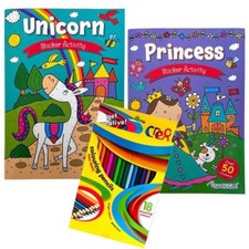 Kids CHILDREN STICKER COLOURING BOOK BOOKS UNICORN PRINCESS ACTIVITY FUN A4