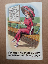 OLD POSTCARD ARTIST MCGILL SEASIDE COMIC WOMAN PIER GLAMOUR LARGE HAT PS 170
