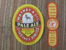 Watney Pale Ale bottle label and stopper seal label.  pre-1940.