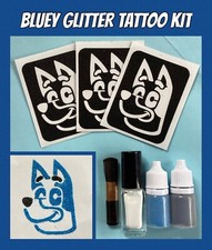 BLUEY GLITTER TATTOO KIT - 3 STENCILS/GLUE/BLUE & BLACK GLITTER PUFFER BOTTLE