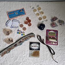 Vintage Sewing Notions Lot Craft Trims, buttons, Queen Mother hooks eyes on card