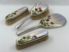 Antique London 1937 Silver Enamel With Raised Enamel Flowers Dressing Table Set