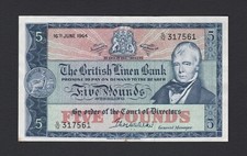 WALKER £5 THE BRITISH LINEN BANK 1964 Banknote SC216b G/12317561 aUNC (DGR514)