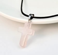 Natural Stone Pink Quartz Cross Pendant Necklace 45cm. Cross Colour may vary