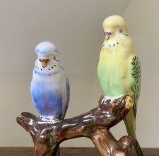 Vintage porcelain adorable Double Budgerigars  blue and yellow on a branch 