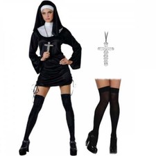 Ladies Naughty Nun COSTUME + CROSS + STOCKINGS Sexy Halloween Fancy Dress Outfit