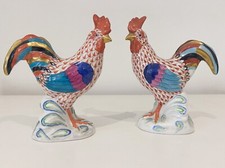 Herend Porcelain Rooster Figurines Rust Red Fishnet Pattern