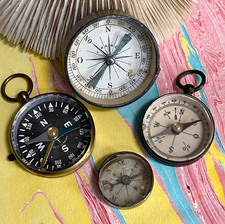 4 ANTIQUE VINTAGE BRASS METAL CASED POCKET COMPASSES WALKING STICK TOP COMPASS