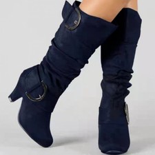 Womens Ladies Mid Heel Winter Twin Buckle Zip Calf Knee Riding Shoes Boots