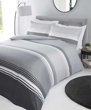 Easy-Care Stiped Duvet Cover Teenagers Double Bed Quilt Bedding Set Grey Black