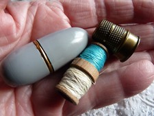 Vintage Sewing Etui German Needle Case D.R.G.M. Thread Thimble Brass Enamel Grey