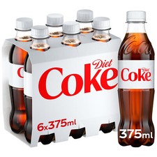 6 x 375ml Diet Coke Bottles With Less Sugar & Calories Soft Drink Diet Coke