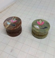 45mm Soapstone Lidded Round Indian Trinket Boxes x 2 Vintage