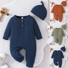 Newborn Baby Boy Ribbed Romper Pants Bodysuit Jumpsuit Hat Outfit Clothes Set