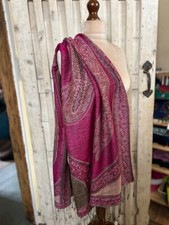 Magenta pink shimmer paisley tassel end pashmina scarf