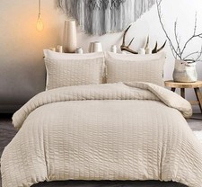 Beige King Size Seersucker Duvet Cover And Pillow Cases New
