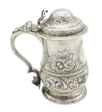 George III Sterling Silver Floral Embossed Lidded Tankard Antique 1773 London