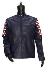 UK Flag Men's Navy Blue Biker Vintage Style Motorcycle Cafe Racer Leather Jacket