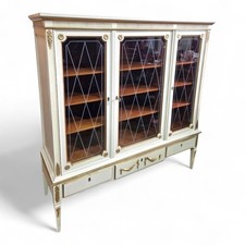 Large antique painted continental triple door glazed bookcase / display cabinet