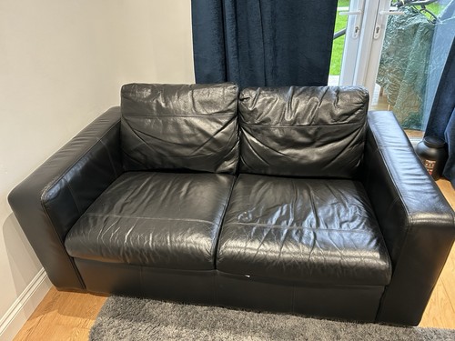 Black leather sofa seater - black, 2-seater