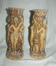 2 x Vintage Resin Carved Vases Goddess Divinity Asian Statues