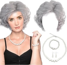 Old Lady Fancy Dress Set,Grey Granny Wig Set with Faux Pearl grey 