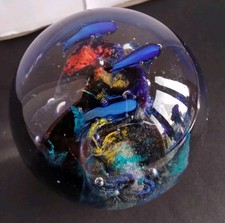 Vintage Art Glass Paperweight Blue Dolphins with Bubbles