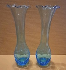 Vintage Pair of Blue  Crackle Bottom Glass Fluted Ruffle Top Bud Vases 
