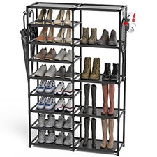 Tall Garage Shoe Rack Large Capacity,Two Rows Versatile Hooks Storage Boot 