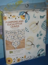 PUMPKINS & EUCALYPTUS VINYL TABLECLOTH OBLONG & OVAL TABLES 6-8 SEATS  60"X 84"