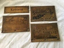 Antique brass plates letter rack box Dutch scenes Arts and Crafts movement