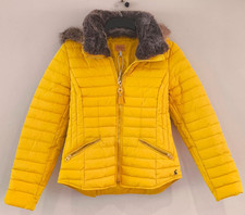 Joules mustard yellow quilted jacket with fur hood size 10 NEW