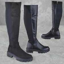 LADIES WOMENS CHUNKY BLOCK HEEL PLATFORM KNEE HIGH ZIP UP STRETCH BOOTS SIZE