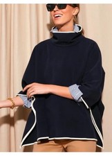 Tuckernuck Leather Trim Funnel Neck Piper Poncho – Navy/White, One Size OS