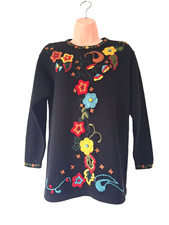St Micheal Womens Vintage Floral Embroidered Jumper Uk 10 Black Wool Blend