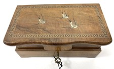 Vintage Sorrento Italian Jewellery Olive Wooden Box With Key Swallow Bird Design