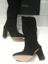 KAREN MILLEN BOOTS 3 36 knee high heel black suede leather pull on stretch roll