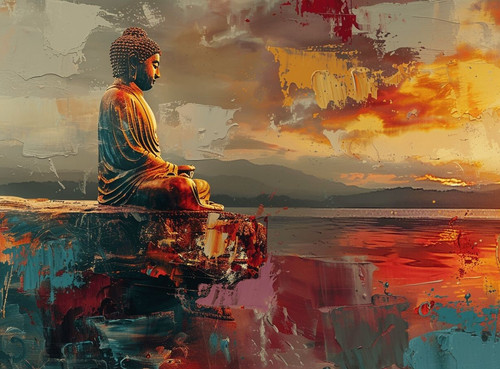 Sunset buddha canvas picture - sunset,