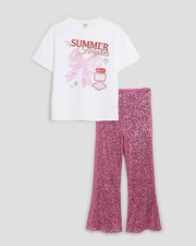 River Island Girls 2 Piece Set Pink Sequin Flared T-Shirt Trousers Graphic Print