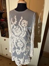 TOPSHOP Ladies Short Shift Dress UK Size 6 Ivory Lace Embroidered Long Sleeve