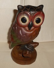 Carved Wooden Owl on Branch Figurine - Made in Thailand