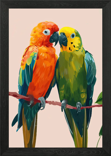Two colorful parrots a - on,