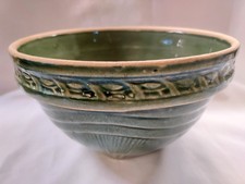 Vintage McCoy Pottery Sunburst Crock Bowl Green Glazed Yellow Ware 8 1/2" w