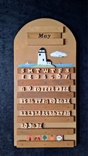 Vintage Wooden Perpetual Calendar Hand Painted Lighthouse Sailing Motif 23"